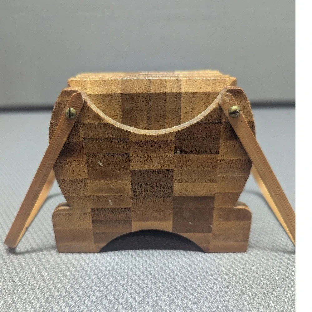 VTG Bamboo Checkerboard Coaster Set w/ Caddy Holder 5 Piece Natural Wood Parquet